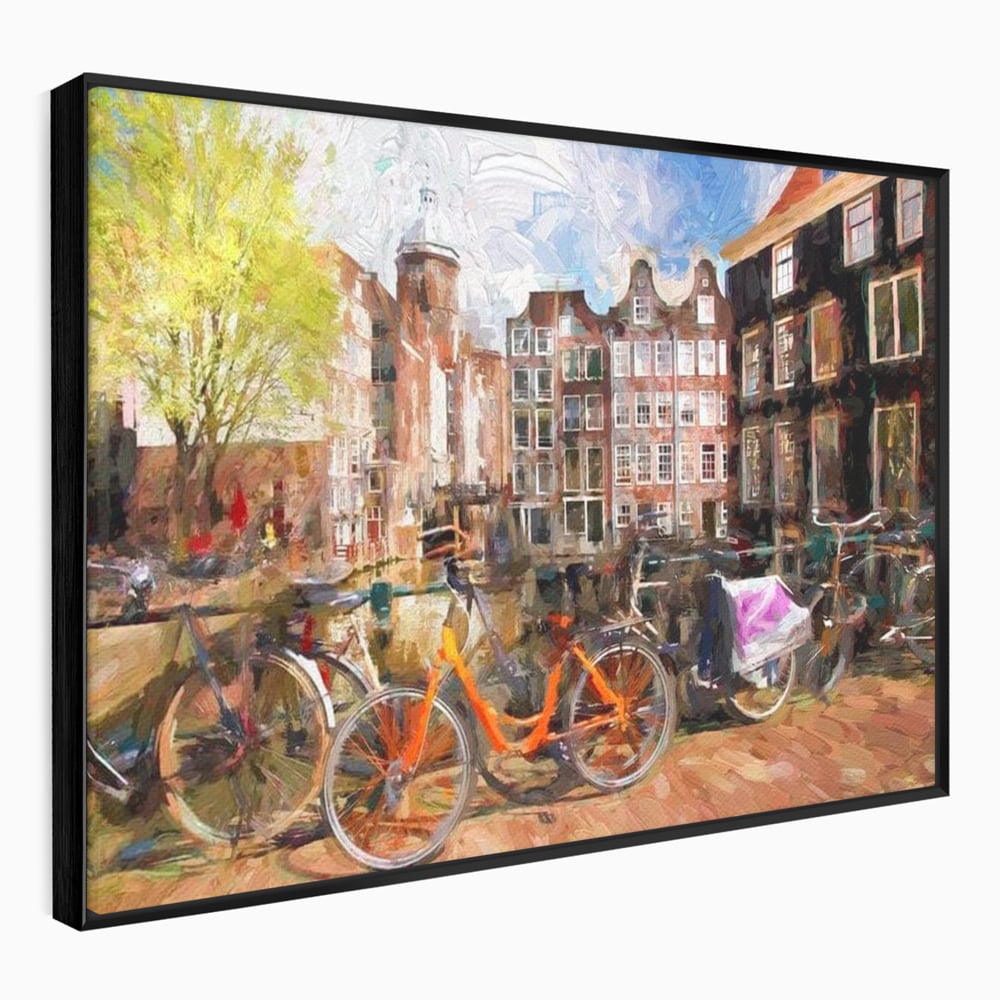 Leinwand Wandkunst Canvas Premium, LuxCanva® O1012, Bohemian Amsterdam, Fahrrad, Symphonie, Farben, Niederländisch, Kanal, Ufer, Räder, Charmant, Holland, Tradition, Tourist, Stadt, Stadt, Stadt, Pause, Büro, Wohnen, Schlafzimmer