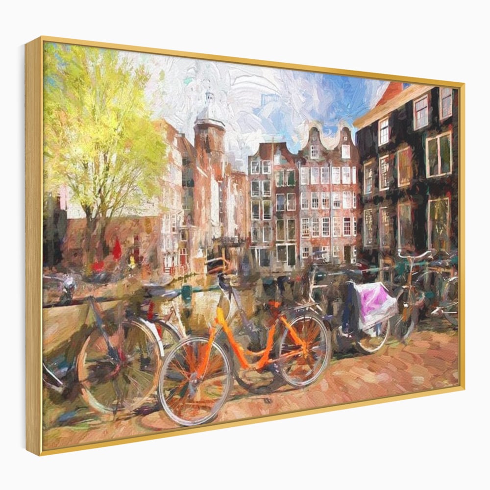 Leinwand Wandkunst Canvas Premium, LuxCanva® O1012, Bohemian Amsterdam, Fahrrad, Symphonie, Farben, Niederländisch, Kanal, Ufer, Räder, Charmant, Holland, Tradition, Tourist, Stadt, Stadt, Stadt, Pause, Büro, Wohnen, Schlafzimmer