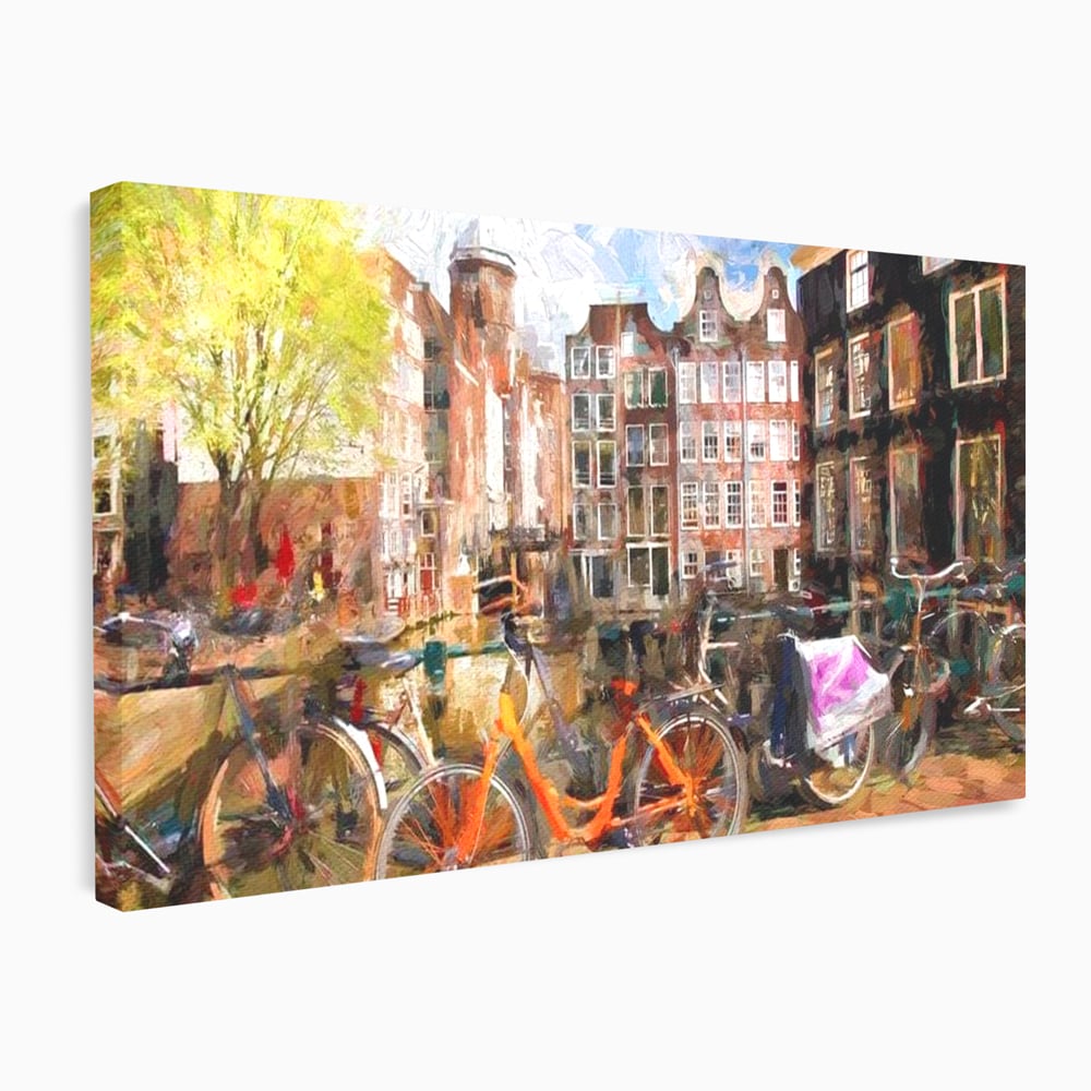 Leinwand Wandkunst Canvas Premium, LuxCanva® O1012, Bohemian Amsterdam, Fahrrad, Symphonie, Farben, Niederländisch, Kanal, Ufer, Räder, Charmant, Holland, Tradition, Tourist, Stadt, Stadt, Stadt, Pause, Büro, Wohnen, Schlafzimmer
