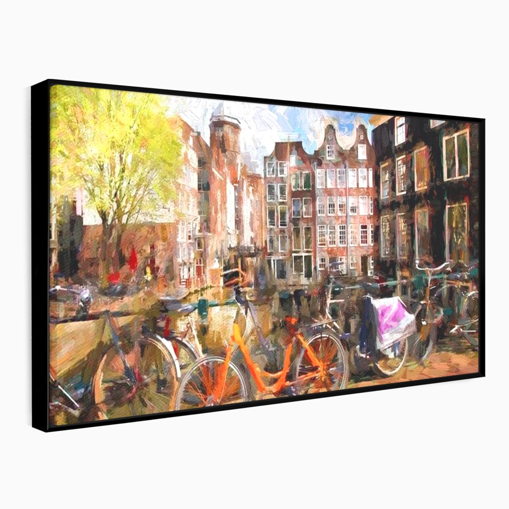 Leinwand Wandkunst Canvas Premium, LuxCanva® O1012, Bohemian Amsterdam, Fahrrad, Symphonie, Farben, Niederländisch, Kanal, Ufer, Räder, Charmant, Holland, Tradition, Tourist, Stadt, Stadt, Stadt, Pause, Büro, Wohnen, Schlafzimmer