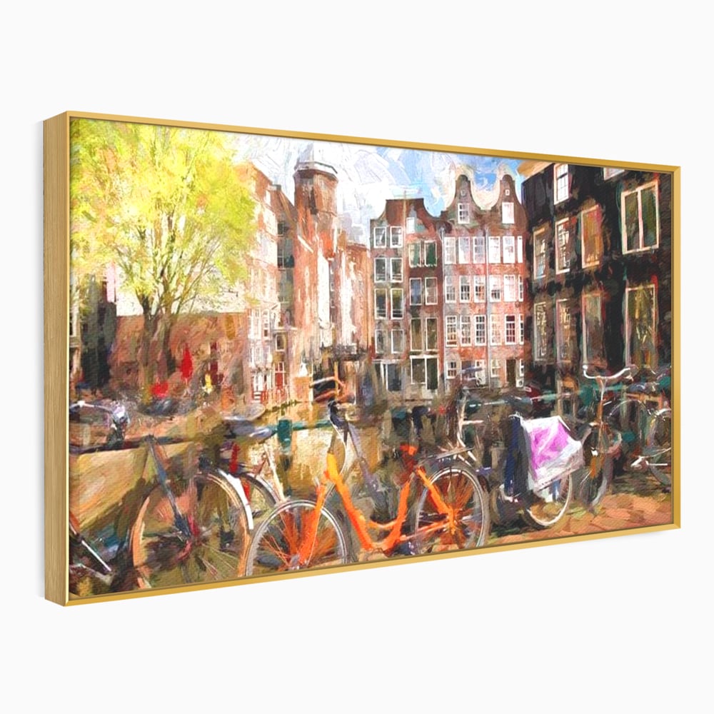 Leinwand Wandkunst Canvas Premium, LuxCanva® O1012, Bohemian Amsterdam, Fahrrad, Symphonie, Farben, Niederländisch, Kanal, Ufer, Räder, Charmant, Holland, Tradition, Tourist, Stadt, Stadt, Stadt, Pause, Büro, Wohnen, Schlafzimmer