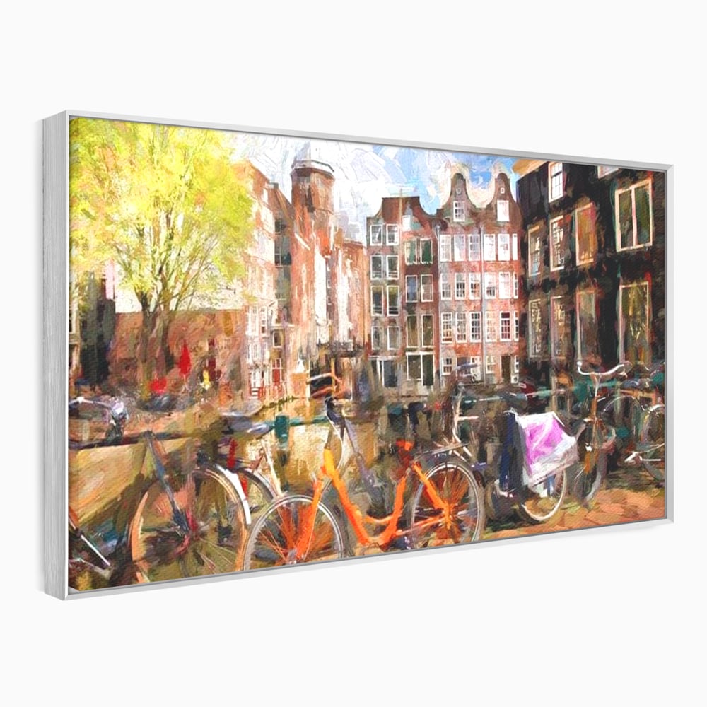 Leinwand Wandkunst Canvas Premium, LuxCanva® O1012, Bohemian Amsterdam, Fahrrad, Symphonie, Farben, Niederländisch, Kanal, Ufer, Räder, Charmant, Holland, Tradition, Tourist, Stadt, Stadt, Stadt, Pause, Büro, Wohnen, Schlafzimmer