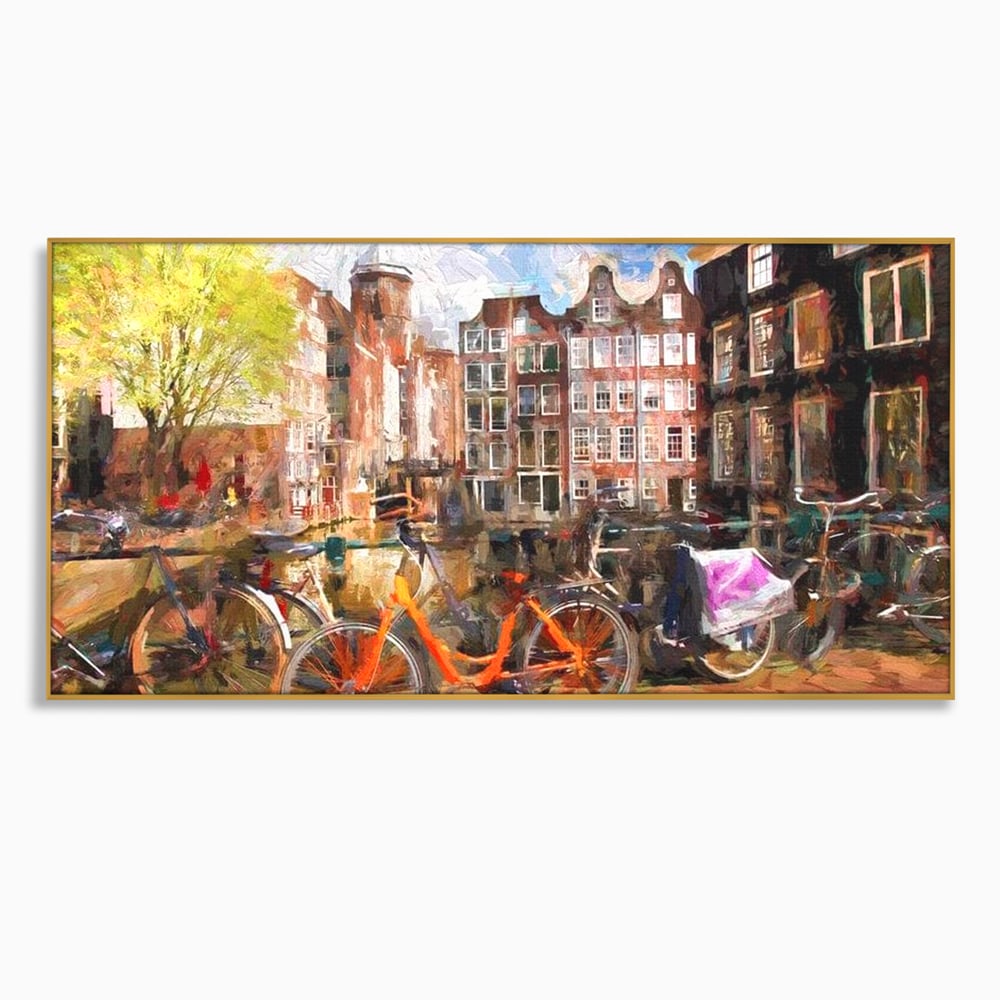 Leinwand Wandkunst Canvas Premium, LuxCanva® O1012, Bohemian Amsterdam, Fahrrad, Symphonie, Farben, Niederländisch, Kanal, Ufer, Räder, Charmant, Holland, Tradition, Tourist, Stadt, Stadt, Stadt, Pause, Büro, Wohnen, Schlafzimmer