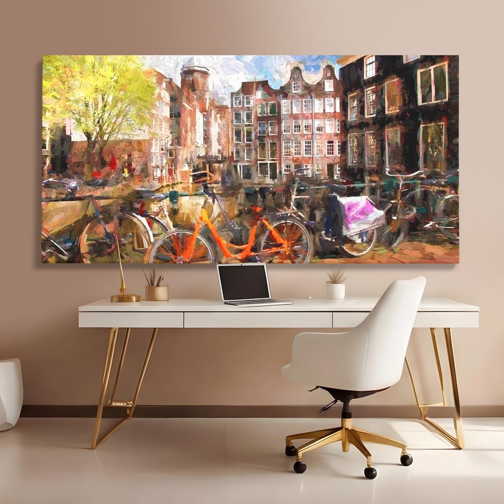 Leinwand Wandkunst Canvas Premium, LuxCanva® O1012, Bohemian Amsterdam, Fahrrad, Symphonie, Farben, Niederländisch, Kanal, Ufer, Räder, Charmant, Holland, Tradition, Tourist, Stadt, Stadt, Stadt, Pause, Büro, Wohnen, Schlafzimmer