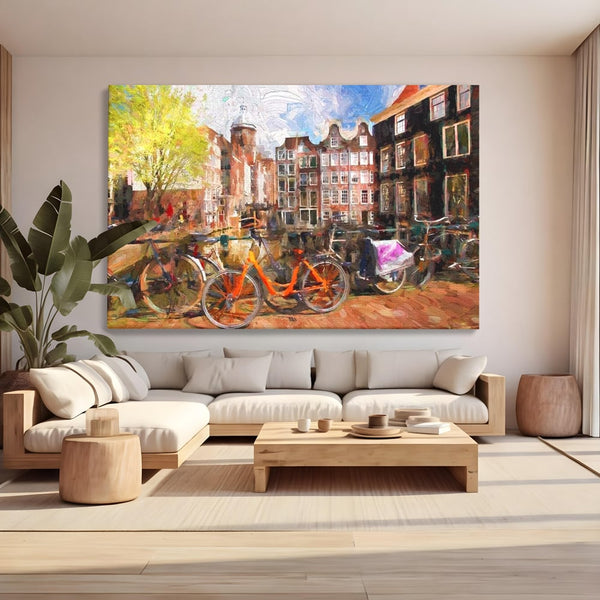 Leinwand Wandkunst Canvas Premium, LuxCanva® O1012, Bohemian Amsterdam, Fahrrad, Symphonie, Farben, Niederländisch, Kanal, Ufer, Räder, Charmant, Holland, Tradition, Tourist, Stadt, Stadt, Stadt, Pause, Büro, Wohnen, Schlafzimmer