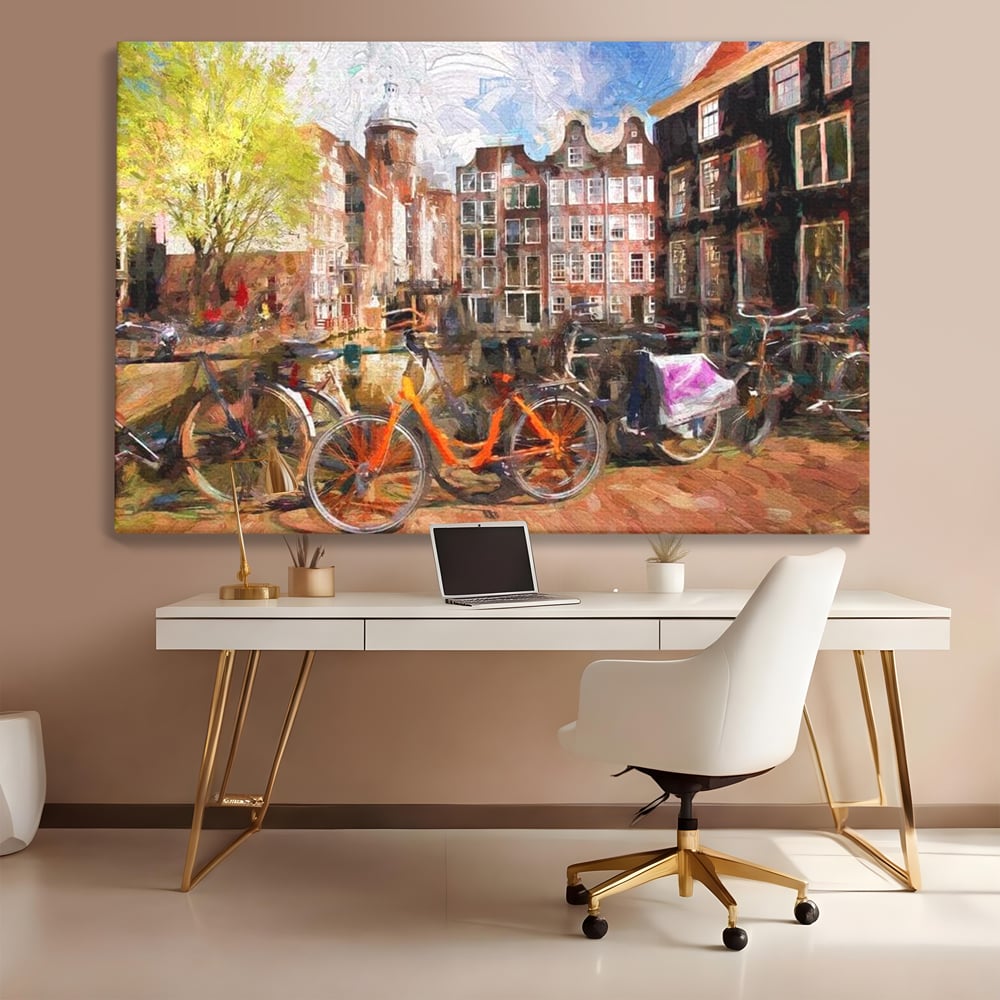 Leinwand Wandkunst Canvas Premium, LuxCanva® O1012, Bohemian Amsterdam, Fahrrad, Symphonie, Farben, Niederländisch, Kanal, Ufer, Räder, Charmant, Holland, Tradition, Tourist, Stadt, Stadt, Stadt, Pause, Büro, Wohnen, Schlafzimmer