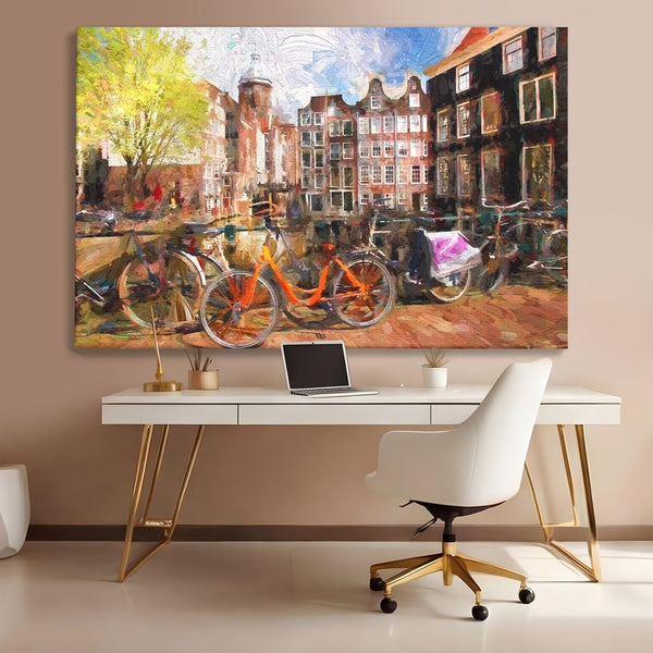 Leinwand Wandkunst Canvas Premium, LuxCanva® O1012, Bohemian Amsterdam, Fahrrad, Symphonie, Farben, Niederländisch, Kanal, Ufer, Räder, Charmant, Holland, Tradition, Tourist, Stadt, Stadt, Stadt, Pause, Büro, Wohnen, Schlafzimmer