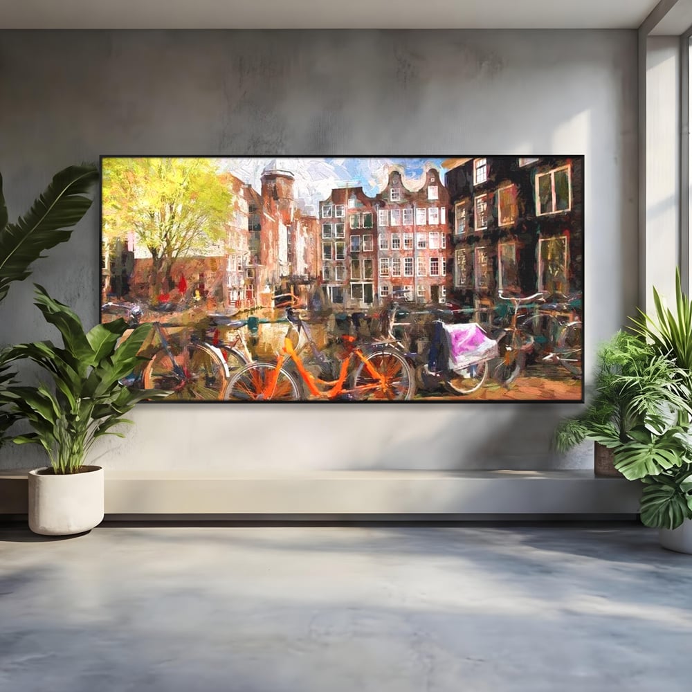 Leinwand Wandkunst Canvas Premium, LuxCanva® O1012, Bohemian Amsterdam, Fahrrad, Symphonie, Farben, Niederländisch, Kanal, Ufer, Räder, Charmant, Holland, Tradition, Tourist, Stadt, Stadt, Stadt, Pause, Büro, Wohnen, Schlafzimmer