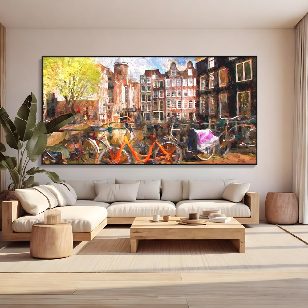 Leinwand Wandkunst Canvas Premium, LuxCanva® O1012, Bohemian Amsterdam, Fahrrad, Symphonie, Farben, Niederländisch, Kanal, Ufer, Räder, Charmant, Holland, Tradition, Tourist, Stadt, Stadt, Stadt, Pause, Büro, Wohnen, Schlafzimmer