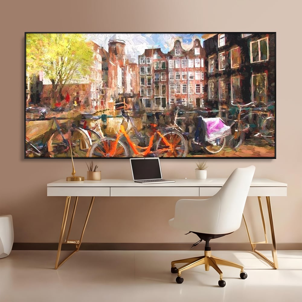 Leinwand Wandkunst Canvas Premium, LuxCanva® O1012, Bohemian Amsterdam, Fahrrad, Symphonie, Farben, Niederländisch, Kanal, Ufer, Räder, Charmant, Holland, Tradition, Tourist, Stadt, Stadt, Stadt, Pause, Büro, Wohnen, Schlafzimmer