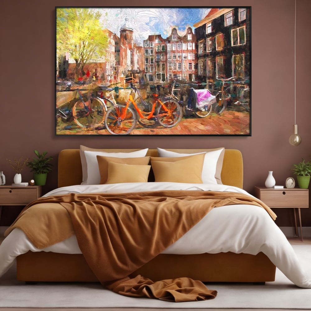 Leinwand Wandkunst Canvas Premium, LuxCanva® O1012, Bohemian Amsterdam, Fahrrad, Symphonie, Farben, Niederländisch, Kanal, Ufer, Räder, Charmant, Holland, Tradition, Tourist, Stadt, Stadt, Stadt, Pause, Büro, Wohnen, Schlafzimmer