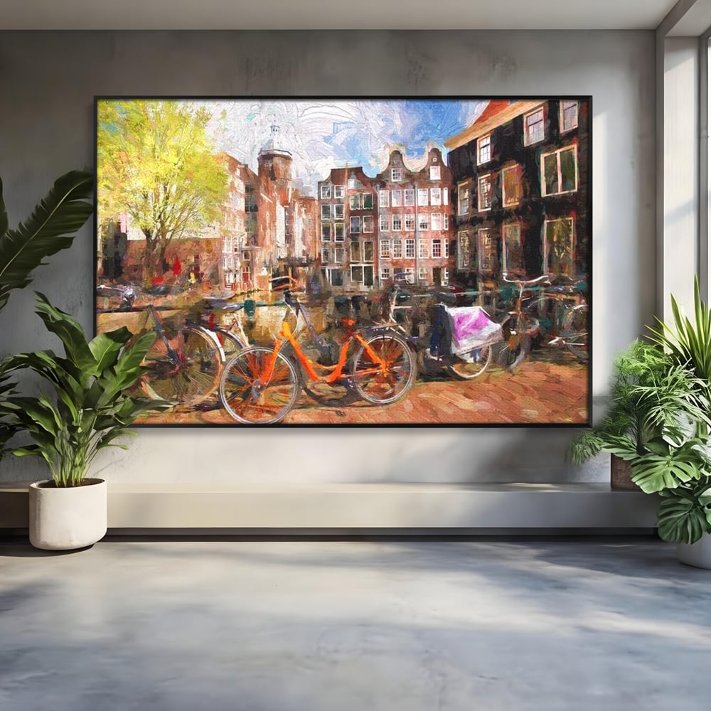 Leinwand Wandkunst Canvas Premium, LuxCanva® O1012, Bohemian Amsterdam, Fahrrad, Symphonie, Farben, Niederländisch, Kanal, Ufer, Räder, Charmant, Holland, Tradition, Tourist, Stadt, Stadt, Stadt, Pause, Büro, Wohnen, Schlafzimmer
