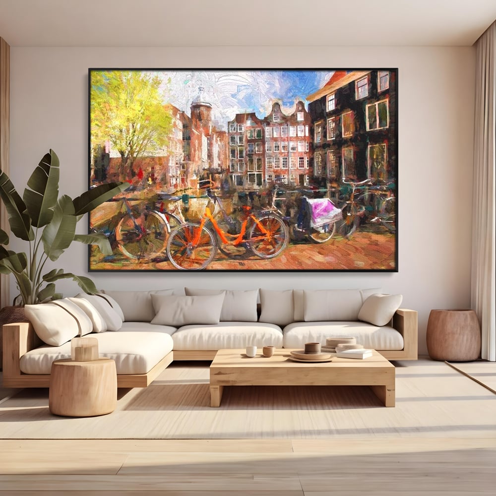 Leinwand Wandkunst Canvas Premium, LuxCanva® O1012, Bohemian Amsterdam, Fahrrad, Symphonie, Farben, Niederländisch, Kanal, Ufer, Räder, Charmant, Holland, Tradition, Tourist, Stadt, Stadt, Stadt, Pause, Büro, Wohnen, Schlafzimmer
