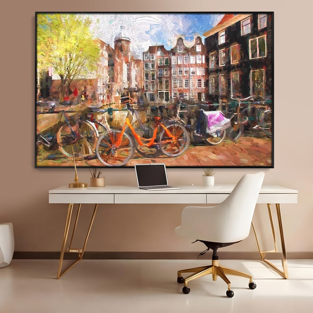 Leinwand Wandkunst Canvas Premium, LuxCanva® O1012, Bohemian Amsterdam, Fahrrad, Symphonie, Farben, Niederländisch, Kanal, Ufer, Räder, Charmant, Holland, Tradition, Tourist, Stadt, Stadt, Stadt, Pause, Büro, Wohnen, Schlafzimmer