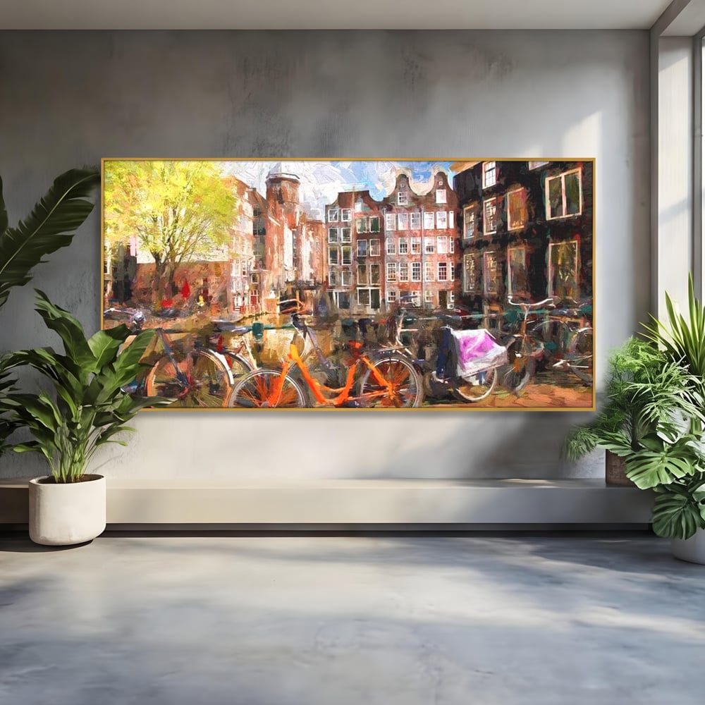 Leinwand Wandkunst Canvas Premium, LuxCanva® O1012, Bohemian Amsterdam, Fahrrad, Symphonie, Farben, Niederländisch, Kanal, Ufer, Räder, Charmant, Holland, Tradition, Tourist, Stadt, Stadt, Stadt, Pause, Büro, Wohnen, Schlafzimmer
