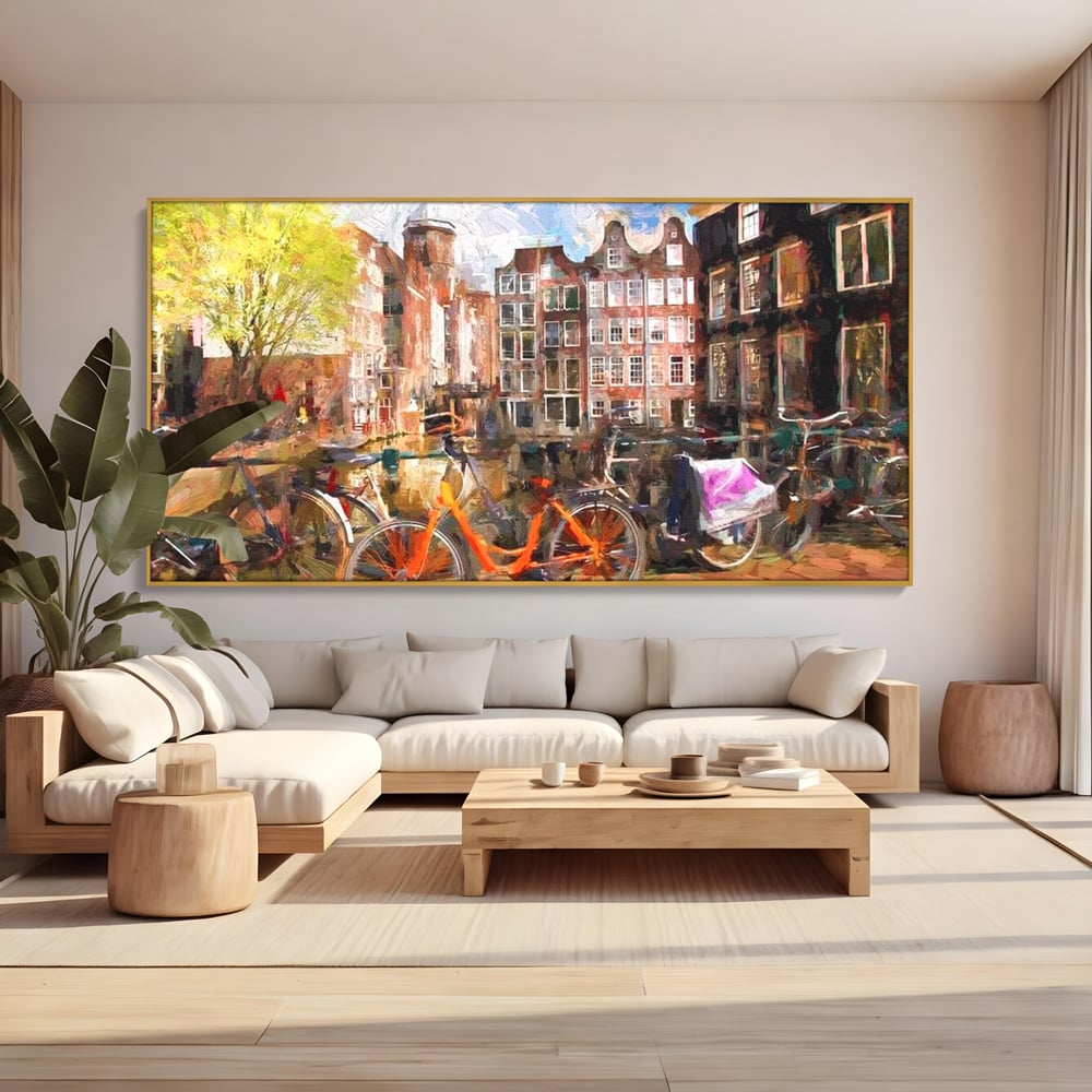 Leinwand Wandkunst Canvas Premium, LuxCanva® O1012, Bohemian Amsterdam, Fahrrad, Symphonie, Farben, Niederländisch, Kanal, Ufer, Räder, Charmant, Holland, Tradition, Tourist, Stadt, Stadt, Stadt, Pause, Büro, Wohnen, Schlafzimmer