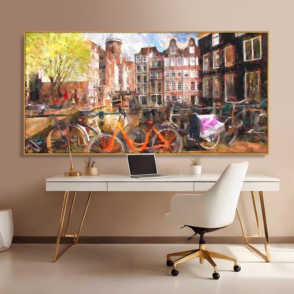 Leinwand Wandkunst Canvas Premium, LuxCanva® O1012, Bohemian Amsterdam, Fahrrad, Symphonie, Farben, Niederländisch, Kanal, Ufer, Räder, Charmant, Holland, Tradition, Tourist, Stadt, Stadt, Stadt, Pause, Büro, Wohnen, Schlafzimmer