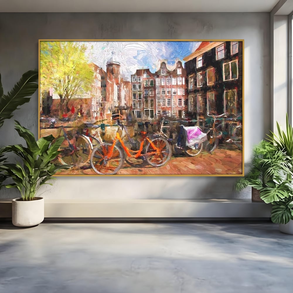Leinwand Wandkunst Canvas Premium, LuxCanva® O1012, Bohemian Amsterdam, Fahrrad, Symphonie, Farben, Niederländisch, Kanal, Ufer, Räder, Charmant, Holland, Tradition, Tourist, Stadt, Stadt, Stadt, Pause, Büro, Wohnen, Schlafzimmer