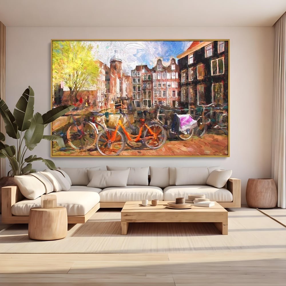 Leinwand Wandkunst Canvas Premium, LuxCanva® O1012, Bohemian Amsterdam, Fahrrad, Symphonie, Farben, Niederländisch, Kanal, Ufer, Räder, Charmant, Holland, Tradition, Tourist, Stadt, Stadt, Stadt, Pause, Büro, Wohnen, Schlafzimmer