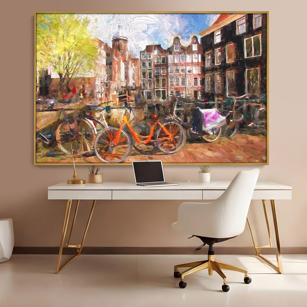Leinwand Wandkunst Canvas Premium, LuxCanva® O1012, Bohemian Amsterdam, Fahrrad, Symphonie, Farben, Niederländisch, Kanal, Ufer, Räder, Charmant, Holland, Tradition, Tourist, Stadt, Stadt, Stadt, Pause, Büro, Wohnen, Schlafzimmer