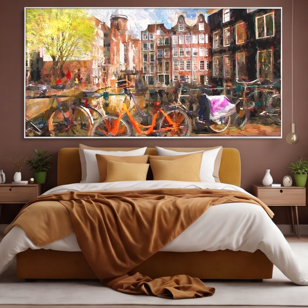Leinwand Wandkunst Canvas Premium, LuxCanva® O1012, Bohemian Amsterdam, Fahrrad, Symphonie, Farben, Niederländisch, Kanal, Ufer, Räder, Charmant, Holland, Tradition, Tourist, Stadt, Stadt, Stadt, Pause, Büro, Wohnen, Schlafzimmer