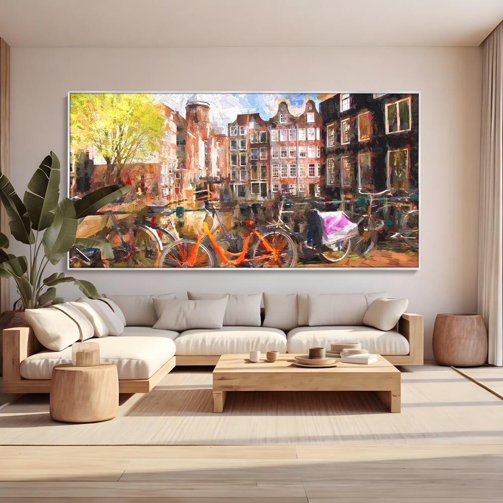 Leinwand Wandkunst Canvas Premium, LuxCanva® O1012, Bohemian Amsterdam, Fahrrad, Symphonie, Farben, Niederländisch, Kanal, Ufer, Räder, Charmant, Holland, Tradition, Tourist, Stadt, Stadt, Stadt, Pause, Büro, Wohnen, Schlafzimmer