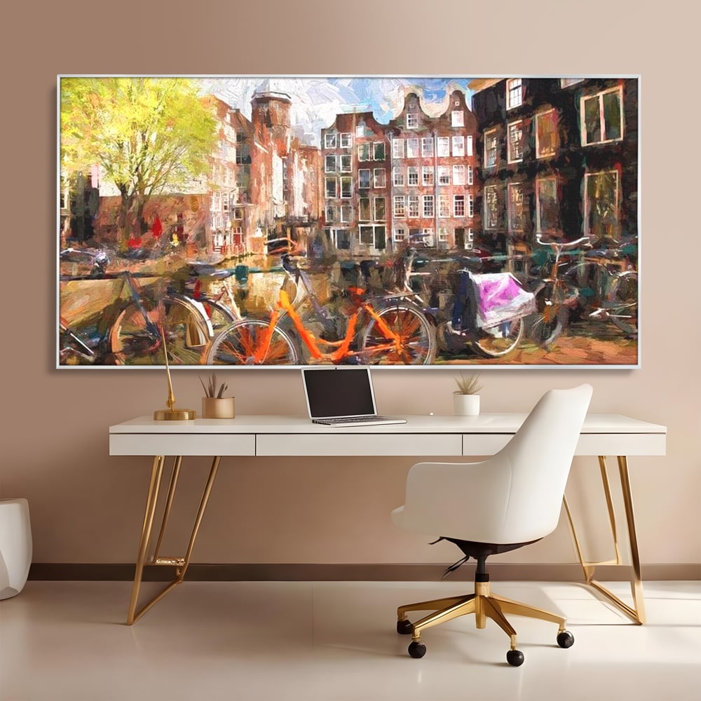 Leinwand Wandkunst Canvas Premium, LuxCanva® O1012, Bohemian Amsterdam, Fahrrad, Symphonie, Farben, Niederländisch, Kanal, Ufer, Räder, Charmant, Holland, Tradition, Tourist, Stadt, Stadt, Stadt, Pause, Büro, Wohnen, Schlafzimmer