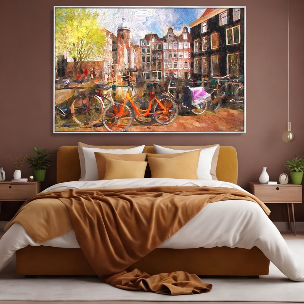 Leinwand Wandkunst Canvas Premium, LuxCanva® O1012, Bohemian Amsterdam, Fahrrad, Symphonie, Farben, Niederländisch, Kanal, Ufer, Räder, Charmant, Holland, Tradition, Tourist, Stadt, Stadt, Stadt, Pause, Büro, Wohnen, Schlafzimmer