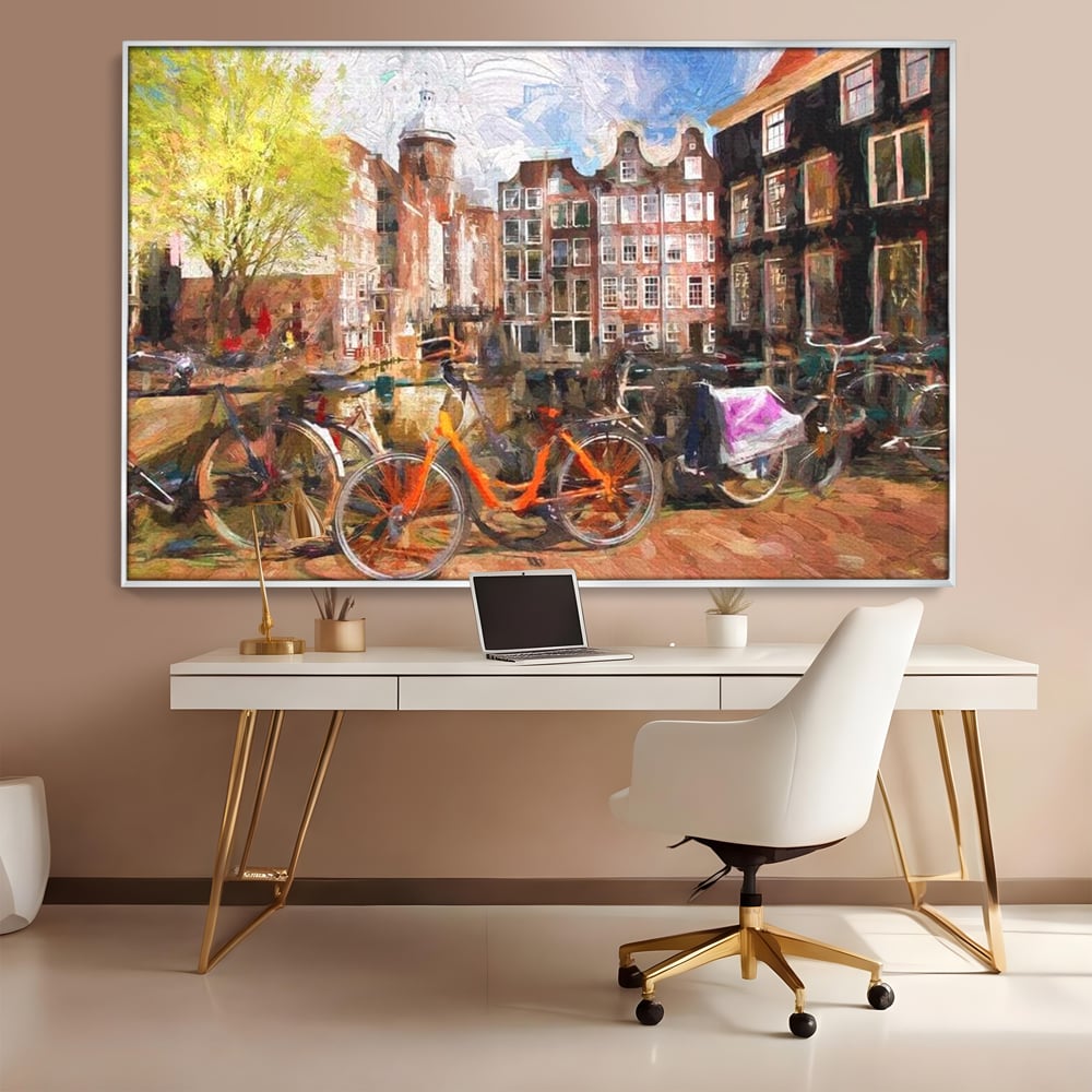 Leinwand Wandkunst Canvas Premium, LuxCanva® O1012, Bohemian Amsterdam, Fahrrad, Symphonie, Farben, Niederländisch, Kanal, Ufer, Räder, Charmant, Holland, Tradition, Tourist, Stadt, Stadt, Stadt, Pause, Büro, Wohnen, Schlafzimmer