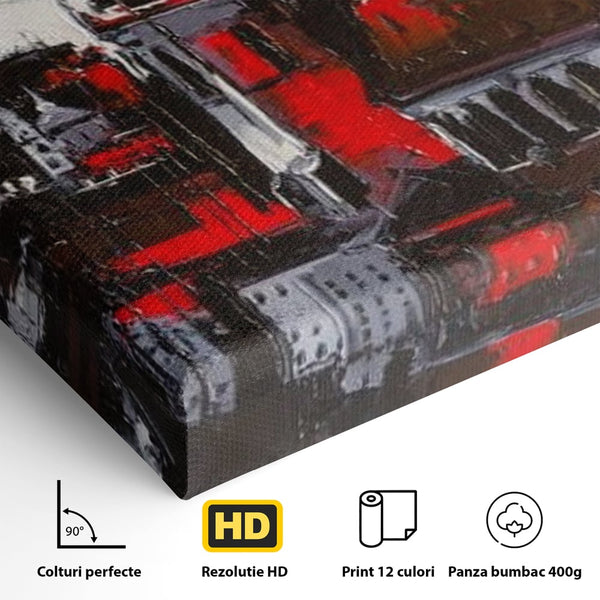 Leinwandbilder Premium, LuxCanva® O1013, Gotische Stadt, Mittelalterlich, Flammen, Schwarz, Rot, Grau, Türme, Urban, Mauern, Alt, Schatten, Kathedrale, Stein, Kontrast, Dramatisch, Atmosphäre, Büro, Wohnen, Schlafzimmer