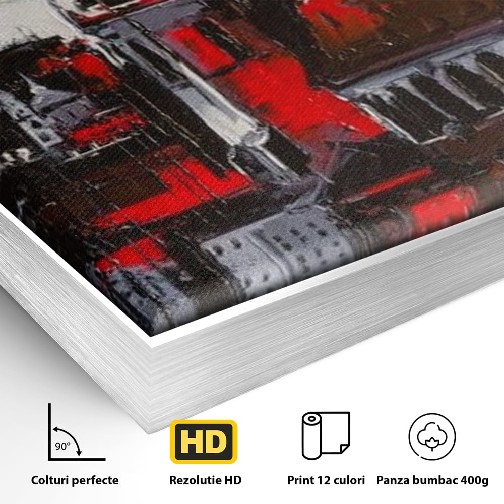 Leinwandbilder Premium, LuxCanva® O1013, Gotische Stadt, Mittelalterlich, Flammen, Schwarz, Rot, Grau, Türme, Urban, Mauern, Alt, Schatten, Kathedrale, Stein, Kontrast, Dramatisch, Atmosphäre, Büro, Wohnen, Schlafzimmer