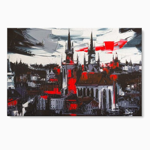 Leinwandbilder Premium, LuxCanva® O1013, Gotische Stadt, Mittelalterlich, Flammen, Schwarz, Rot, Grau, Türme, Urban, Mauern, Alt, Schatten, Kathedrale, Stein, Kontrast, Dramatisch, Atmosphäre, Büro, Wohnen, Schlafzimmer