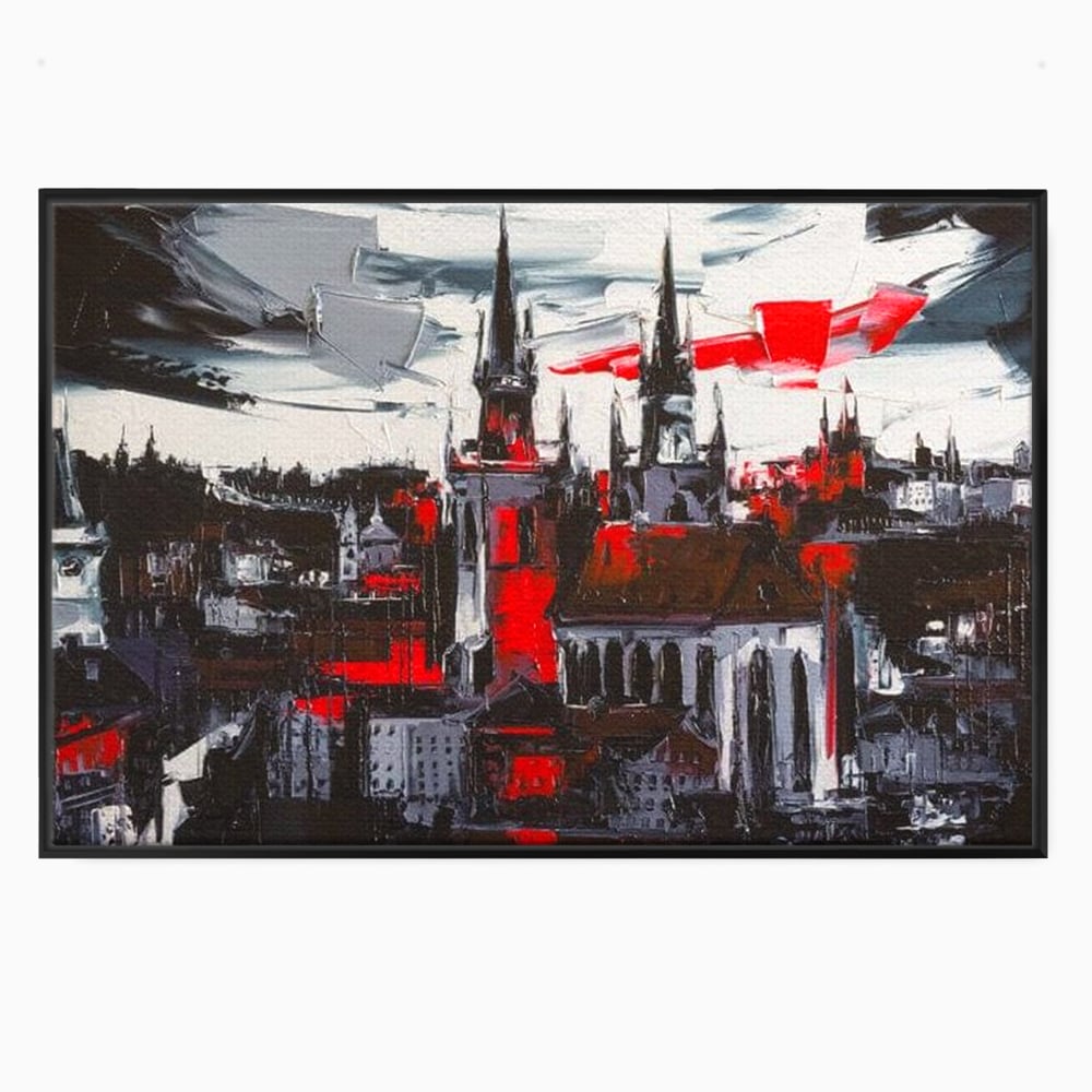 Leinwandbilder Premium, LuxCanva® O1013, Gotische Stadt, Mittelalterlich, Flammen, Schwarz, Rot, Grau, Türme, Urban, Mauern, Alt, Schatten, Kathedrale, Stein, Kontrast, Dramatisch, Atmosphäre, Büro, Wohnen, Schlafzimmer
