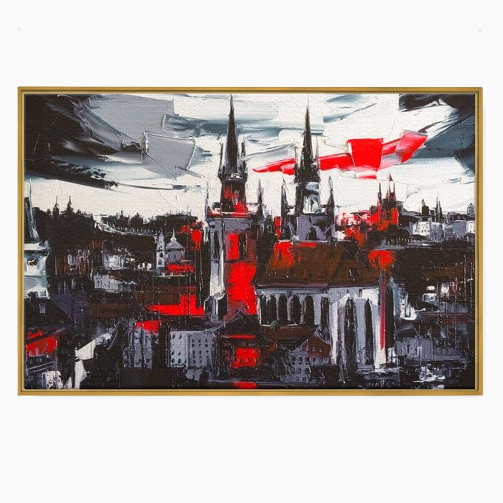 Leinwandbilder Premium, LuxCanva® O1013, Gotische Stadt, Mittelalterlich, Flammen, Schwarz, Rot, Grau, Türme, Urban, Mauern, Alt, Schatten, Kathedrale, Stein, Kontrast, Dramatisch, Atmosphäre, Büro, Wohnen, Schlafzimmer