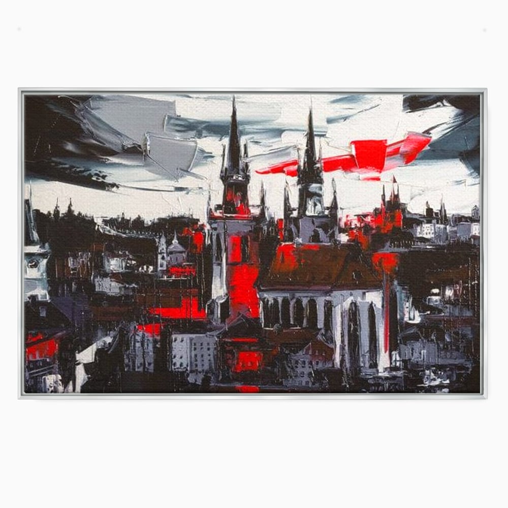 Leinwandbilder Premium, LuxCanva® O1013, Gotische Stadt, Mittelalterlich, Flammen, Schwarz, Rot, Grau, Türme, Urban, Mauern, Alt, Schatten, Kathedrale, Stein, Kontrast, Dramatisch, Atmosphäre, Büro, Wohnen, Schlafzimmer