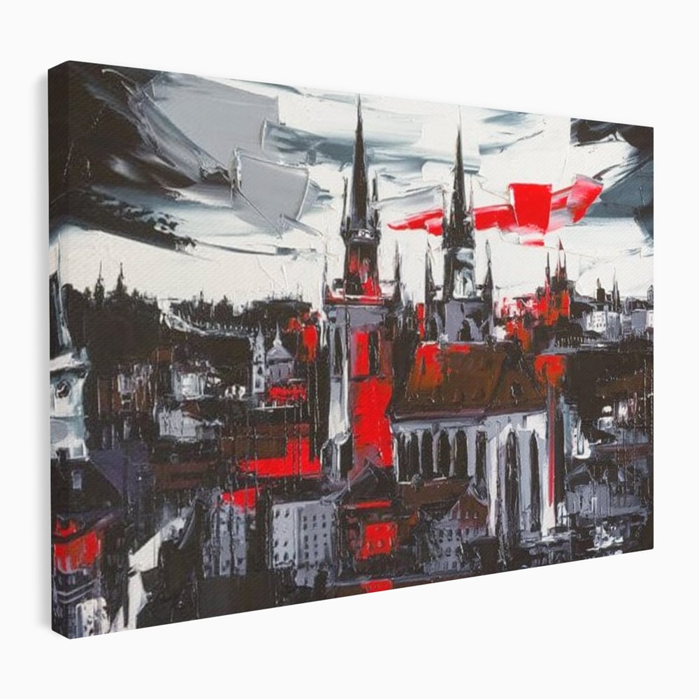 Leinwandbilder Premium, LuxCanva® O1013, Gotische Stadt, Mittelalterlich, Flammen, Schwarz, Rot, Grau, Türme, Urban, Mauern, Alt, Schatten, Kathedrale, Stein, Kontrast, Dramatisch, Atmosphäre, Büro, Wohnen, Schlafzimmer