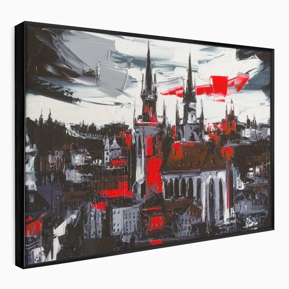 Leinwandbilder Premium, LuxCanva® O1013, Gotische Stadt, Mittelalterlich, Flammen, Schwarz, Rot, Grau, Türme, Urban, Mauern, Alt, Schatten, Kathedrale, Stein, Kontrast, Dramatisch, Atmosphäre, Büro, Wohnen, Schlafzimmer