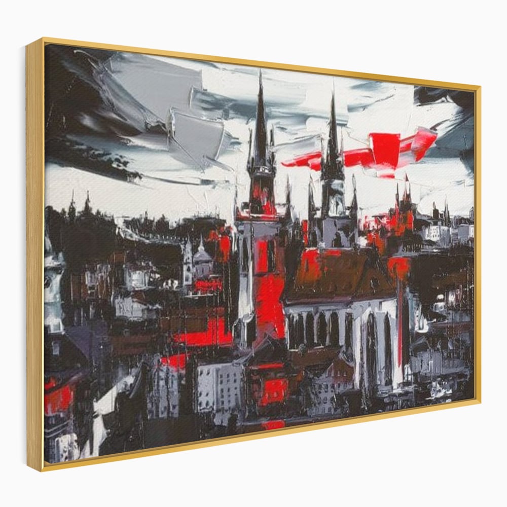 Leinwandbilder Premium, LuxCanva® O1013, Gotische Stadt, Mittelalterlich, Flammen, Schwarz, Rot, Grau, Türme, Urban, Mauern, Alt, Schatten, Kathedrale, Stein, Kontrast, Dramatisch, Atmosphäre, Büro, Wohnen, Schlafzimmer
