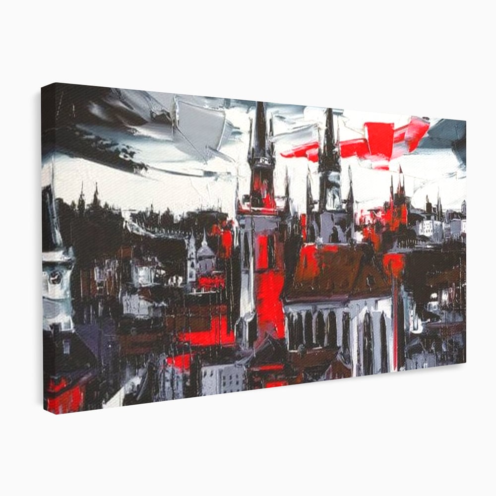 Leinwandbilder Premium, LuxCanva® O1013, Gotische Stadt, Mittelalterlich, Flammen, Schwarz, Rot, Grau, Türme, Urban, Mauern, Alt, Schatten, Kathedrale, Stein, Kontrast, Dramatisch, Atmosphäre, Büro, Wohnen, Schlafzimmer
