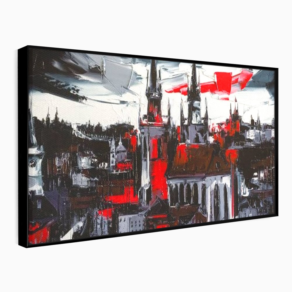 Leinwandbilder Premium, LuxCanva® O1013, Gotische Stadt, Mittelalterlich, Flammen, Schwarz, Rot, Grau, Türme, Urban, Mauern, Alt, Schatten, Kathedrale, Stein, Kontrast, Dramatisch, Atmosphäre, Büro, Wohnen, Schlafzimmer