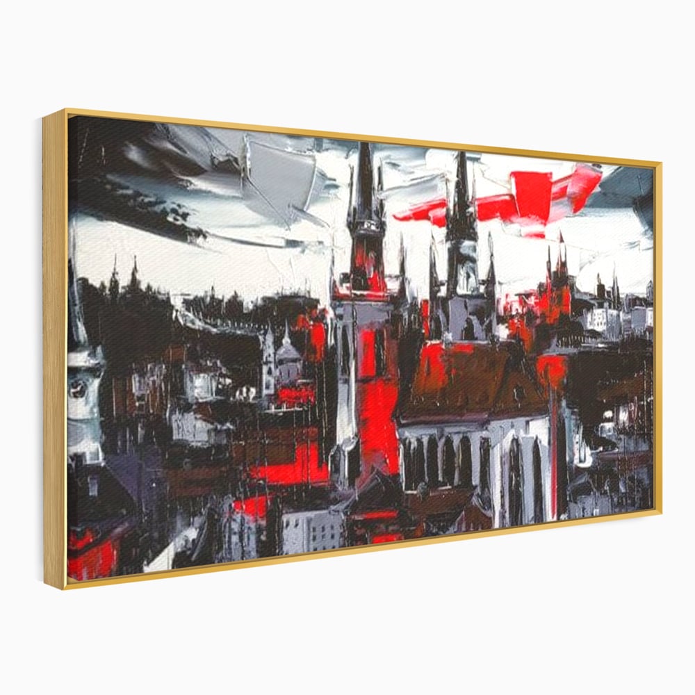 Leinwandbilder Premium, LuxCanva® O1013, Gotische Stadt, Mittelalterlich, Flammen, Schwarz, Rot, Grau, Türme, Urban, Mauern, Alt, Schatten, Kathedrale, Stein, Kontrast, Dramatisch, Atmosphäre, Büro, Wohnen, Schlafzimmer
