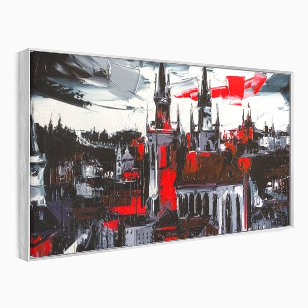 Leinwandbilder Premium, LuxCanva® O1013, Gotische Stadt, Mittelalterlich, Flammen, Schwarz, Rot, Grau, Türme, Urban, Mauern, Alt, Schatten, Kathedrale, Stein, Kontrast, Dramatisch, Atmosphäre, Büro, Wohnen, Schlafzimmer