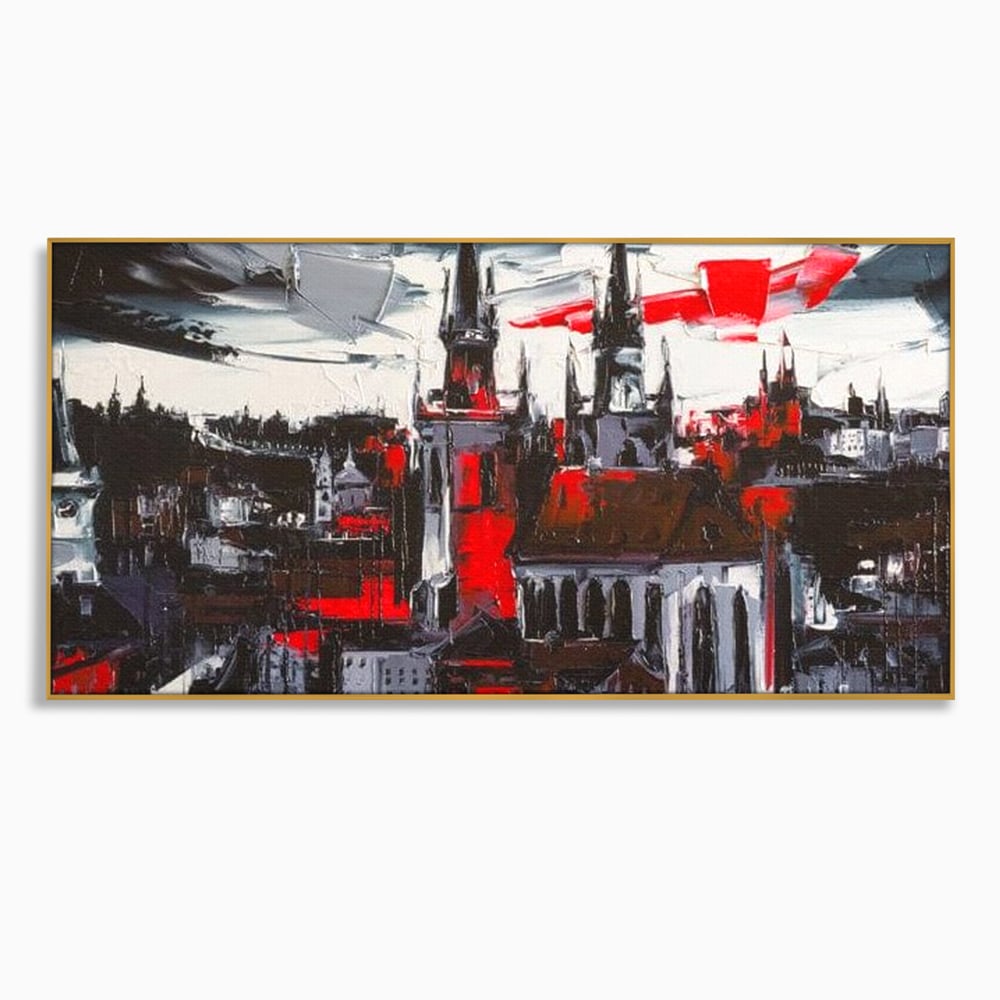 Leinwandbilder Premium, LuxCanva® O1013, Gotische Stadt, Mittelalterlich, Flammen, Schwarz, Rot, Grau, Türme, Urban, Mauern, Alt, Schatten, Kathedrale, Stein, Kontrast, Dramatisch, Atmosphäre, Büro, Wohnen, Schlafzimmer