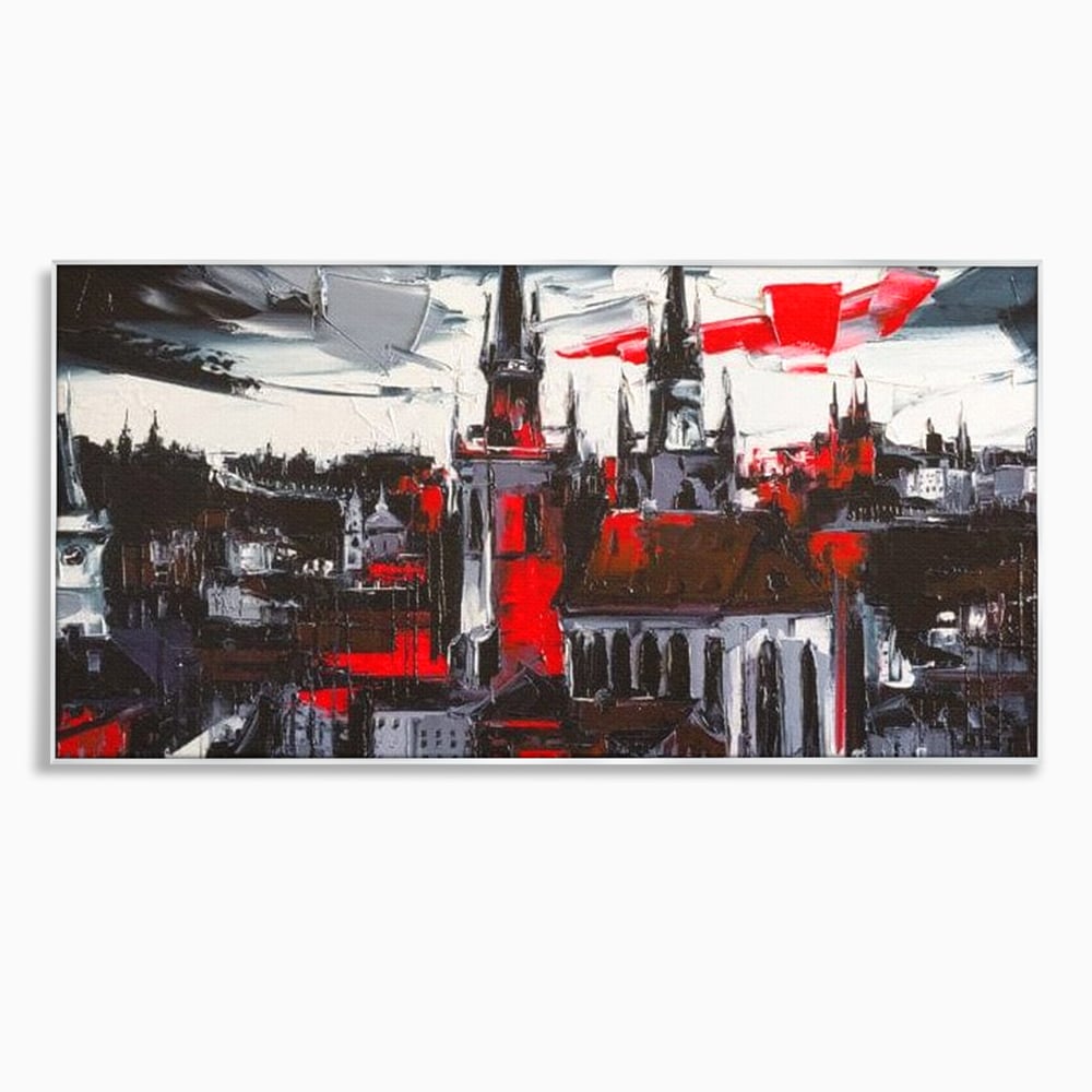 Leinwandbilder Premium, LuxCanva® O1013, Gotische Stadt, Mittelalterlich, Flammen, Schwarz, Rot, Grau, Türme, Urban, Mauern, Alt, Schatten, Kathedrale, Stein, Kontrast, Dramatisch, Atmosphäre, Büro, Wohnen, Schlafzimmer