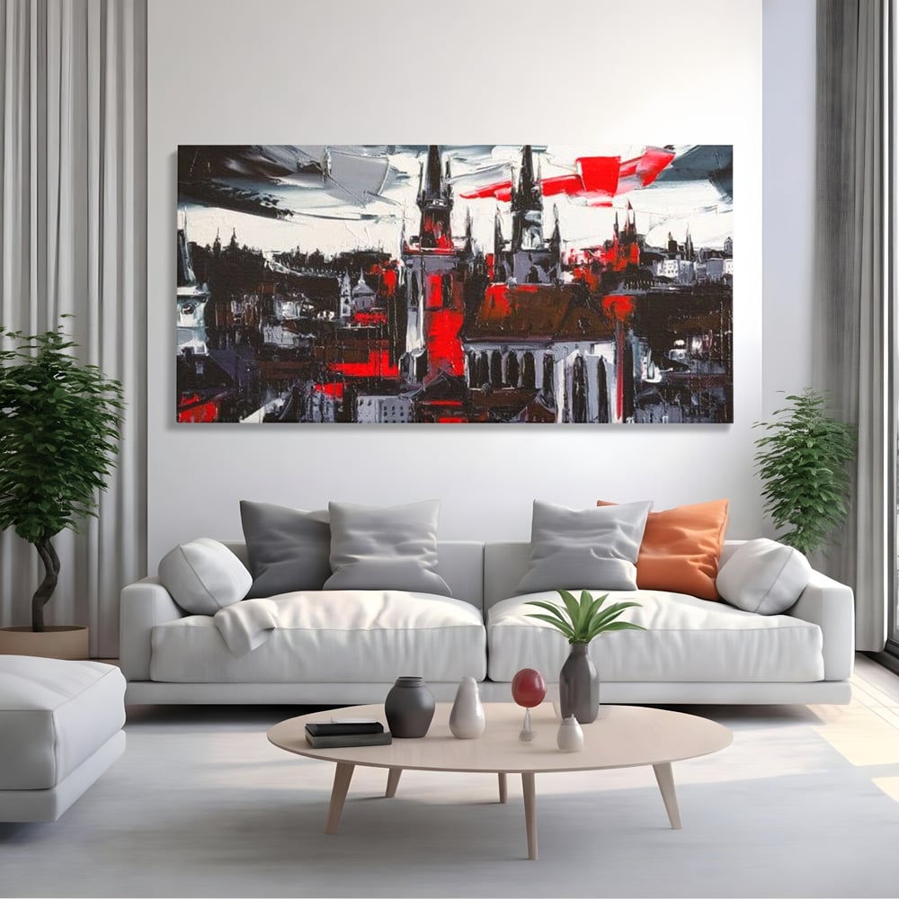 Leinwandbilder Premium, LuxCanva® O1013, Gotische Stadt, Mittelalterlich, Flammen, Schwarz, Rot, Grau, Türme, Urban, Mauern, Alt, Schatten, Kathedrale, Stein, Kontrast, Dramatisch, Atmosphäre, Büro, Wohnen, Schlafzimmer