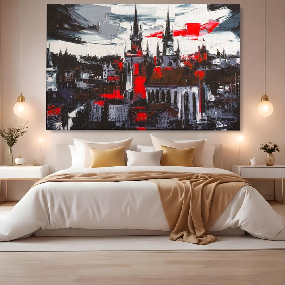 Leinwandbilder Premium, LuxCanva® O1013, Gotische Stadt, Mittelalterlich, Flammen, Schwarz, Rot, Grau, Türme, Urban, Mauern, Alt, Schatten, Kathedrale, Stein, Kontrast, Dramatisch, Atmosphäre, Büro, Wohnen, Schlafzimmer