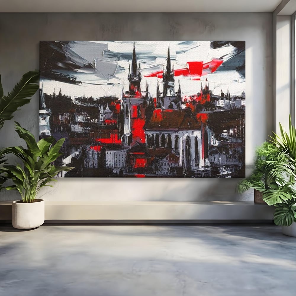 Leinwandbilder Premium, LuxCanva® O1013, Gotische Stadt, Mittelalterlich, Flammen, Schwarz, Rot, Grau, Türme, Urban, Mauern, Alt, Schatten, Kathedrale, Stein, Kontrast, Dramatisch, Atmosphäre, Büro, Wohnen, Schlafzimmer