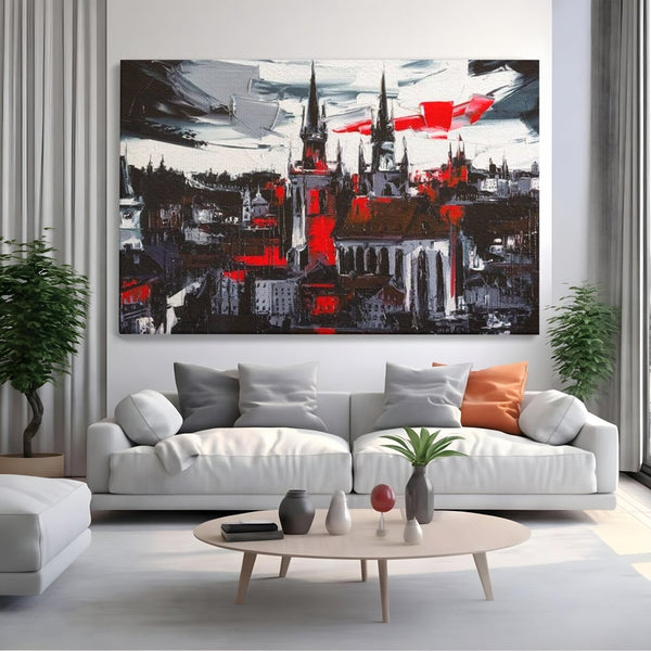Leinwandbilder Premium, LuxCanva® O1013, Gotische Stadt, Mittelalterlich, Flammen, Schwarz, Rot, Grau, Türme, Urban, Mauern, Alt, Schatten, Kathedrale, Stein, Kontrast, Dramatisch, Atmosphäre, Büro, Wohnen, Schlafzimmer