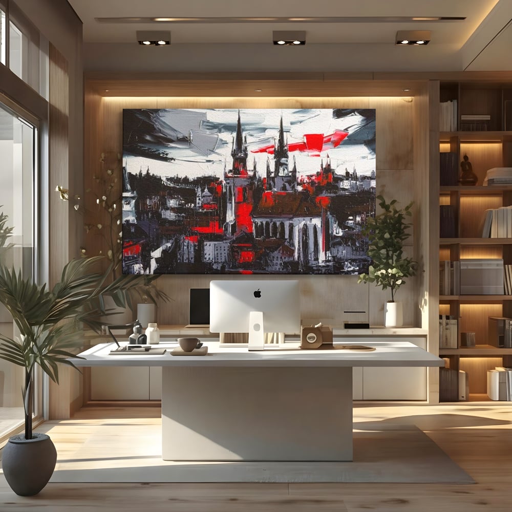 Leinwandbilder Premium, LuxCanva® O1013, Gotische Stadt, Mittelalterlich, Flammen, Schwarz, Rot, Grau, Türme, Urban, Mauern, Alt, Schatten, Kathedrale, Stein, Kontrast, Dramatisch, Atmosphäre, Büro, Wohnen, Schlafzimmer