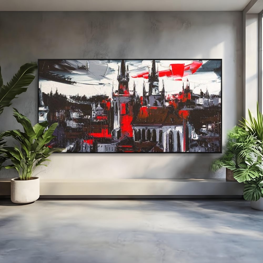 Leinwandbilder Premium, LuxCanva® O1013, Gotische Stadt, Mittelalterlich, Flammen, Schwarz, Rot, Grau, Türme, Urban, Mauern, Alt, Schatten, Kathedrale, Stein, Kontrast, Dramatisch, Atmosphäre, Büro, Wohnen, Schlafzimmer